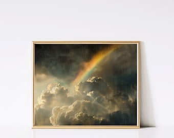 Antique Rainbow in Clouds Oil Painting Wall Art | Vintage | Dark Academia Print | Moody Cottagecore | Digital | Instant Download | PRINTABLE