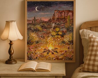 Cozy Western Landscape, Desert Campfire Under the Stars Wall Art, Southwestern Nightscape Print, Cacti and Crescent Moon Decor, Poster