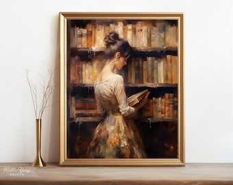 Woman in Library Oil Painting Wall Art | Old Books | Vintage Style Art | Home Decor | Study | Instant Download | Digital | PRINTABLE