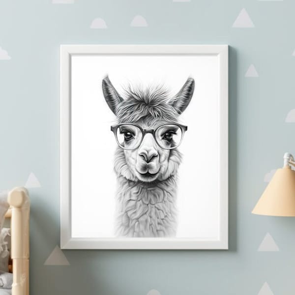 Funny Llama Art Print | Smart Llama | Digital | Black and White | Home Wall Art | Kids Room Decor | Instant Download | PRINTABLE