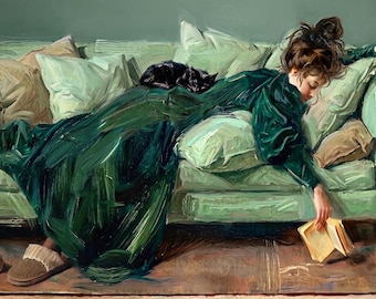 Cozy Woman Reading on Couch Print, Sleepy Cat, Moody Green Oil Painting, Dark Academia Living Room Wall Art, Vintage Bookish Decor Printable