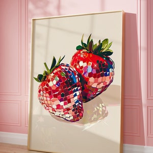 Disco Erdbeeren Kunstdruck | Wandkunst-Poster | Glamouröse Discokugel Rote Erdbeeren | Preppy | Trendig | Schlafsaal | Valentinstag-Kunst | DRUCKBAR