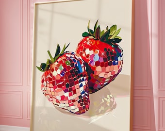 Disco Strawberries Art Print | Wall Art Poster | Glam Disco Ball Red Strawberries | Preppy | Trendy | Dorm Room | Valentine Art | PRINTABLE
