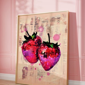 Disco Strawberries Art Print | Wall Art Poster | Glam Disco Ball Strawberries | Preppy Trendy | Kitchen Decor | Digital Download | PRINTABLE