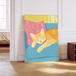Cat Art Print | Wall Art Poster | Wall Decor | Cozy Sleeping Cat on Couch | Cat Poster | Trendy Wall Art | Digital Download | PRINTABLE Art