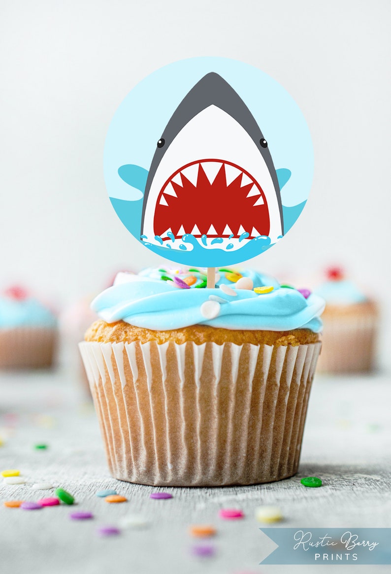Shark Party Cupcake Toppers printable Shark Jaws Birthday Etsy