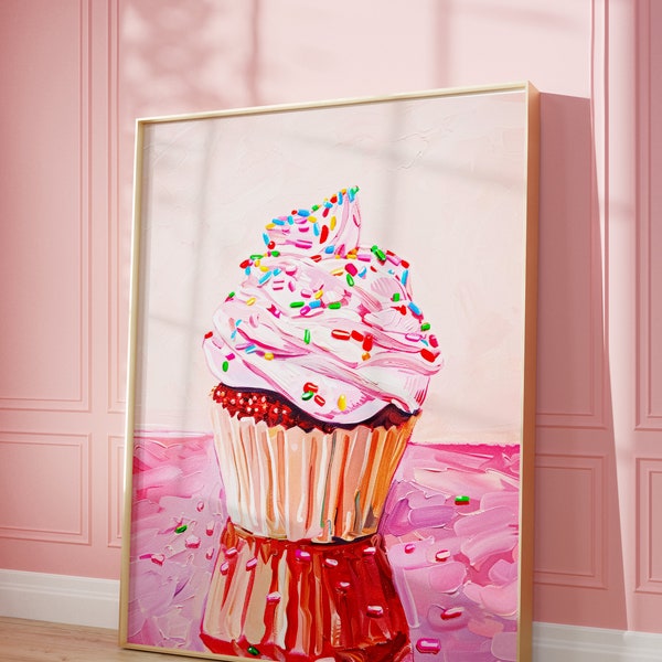 Pink Cupcake Art Print | Wall Art Vintage Poster | Retro Food Art Poster | Sprinkles | Foodie Art | Kitchen Art | Digital | PRINTABLE