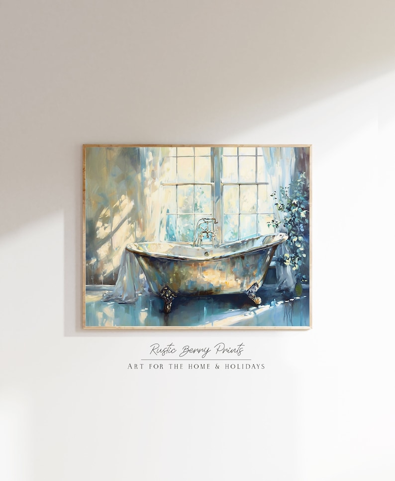 Vintage Bath Wall Art Oil Painting Bath Tub Nook Decor Bathroom Antique
