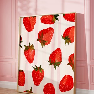 Cute Strawberries Art Print | Wall Art Poster | Red Strawberries | Preppy | Trendy | Fresh Fruit Art Kitchen Decor | Digital | PRINTABLE