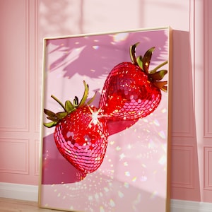 Pink Disco Strawberries Art Print | Wall Art Poster | Glam Disco Ball Red Strawberries | Preppy | Trendy | Dorm Room | Digital | PRINTABLE