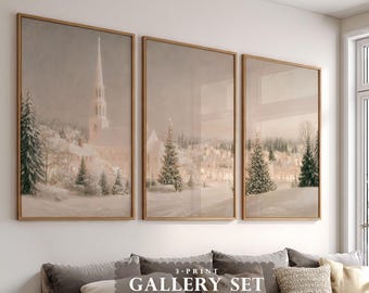 Weihnachtsdorf-Set mit 3 Vintage-Winter-Wandbildern, Weihnachtsbaumdeko, neutrales Weihnachtsmotiv-Triptychon, digitaler Download