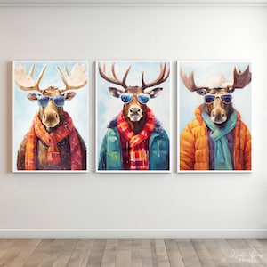 Conjunto de 3 arte engraçada de parede de inverno de renas e alces | Decoração de esqui | Cabine | Férias de Natal | Download instantâneo | Digitais | IMPRIMÍVEL