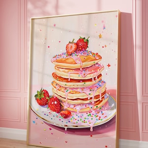 Impresión artística de panqueques rosados / Póster vintage de arte mural / Póster de arte gastronómico retro / Arte de cocina / Arte gastronómico / Fresas / Chispas / IMPRIMIBLE