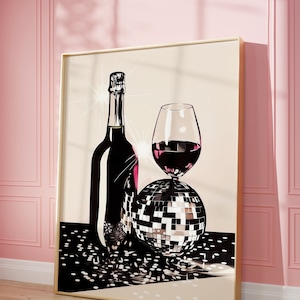 Disco Ball Art Print | Wall Art Poster | Glam Disco Ball and Wine | Preppy Trendy Maximalist | Kitchen Decor | Digital Download | PRINTABLE