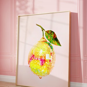 Disco Lemon Art Print | Wall Art Poster | Glam Disco Ball Lemon | Preppy | Trendy | Dorm Room | Pink Yellow | Instant Download | PRINTABLE