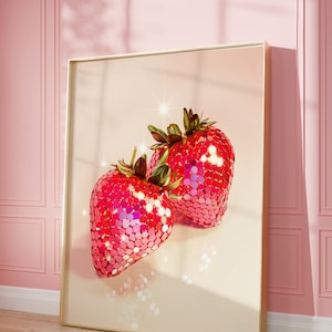 Disco Strawberries Art Print | Wall Art Poster | Glam Disco Ball Red Strawberries | Preppy | Trendy | Dorm Room | Valentine Art | PRINTABLE