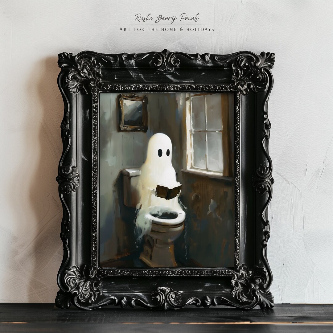 Funny Ghost Painting Ghost on Toilet Wall Art Halloween Decor Academia Vintage Print Spooky ...
