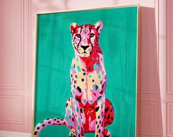Cheetah Wall Art | Leopard Art Print | Pink Preppy Decor | Teal Green | Dorm Room | Maximalist Trendy | Digital Instant Download | PRINTABLE