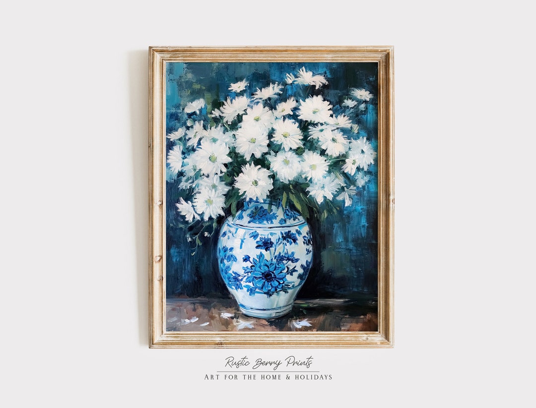 Daisies in Blue Vase Oil Painting Wall Art French Vintage Print Flowers ...