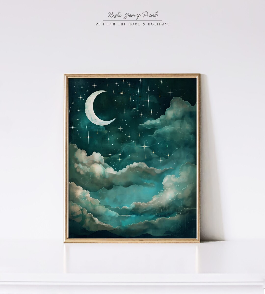 Celestial Moon and Stars Painting Wall Art Nursery Decor Vintage Night ...