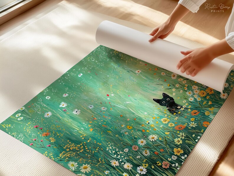 Black Cat Wall Art Poster, Cute Peeking Cat in Wildflower Meadow ...