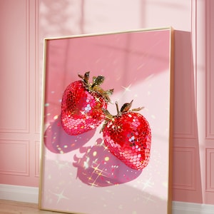 Pink Disco Strawberries Art Print | Wall Art Poster | Glam Disco Ball Red Strawberries | Preppy | Trendy | Kitchen Decor | Digital PRINTABLE