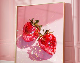 Pink Disco Strawberries Art Print | Wall Art Poster | Glam Disco Ball Red Strawberries | Preppy | Trendy | Kitchen Decor | Digital PRINTABLE