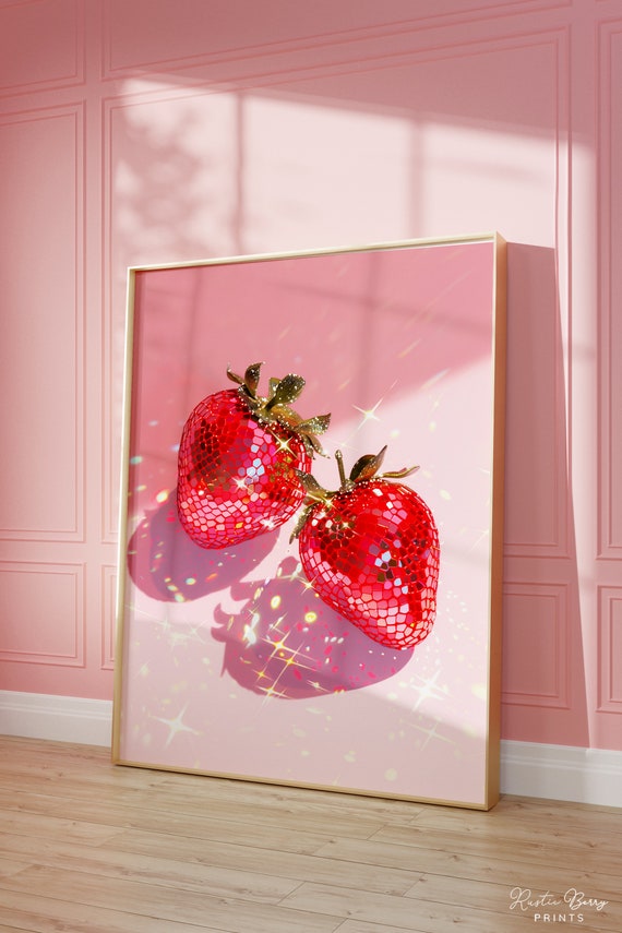 Pink Disco Strawberries Art Print: Trendy Kitchen Decor (Digital Printable)