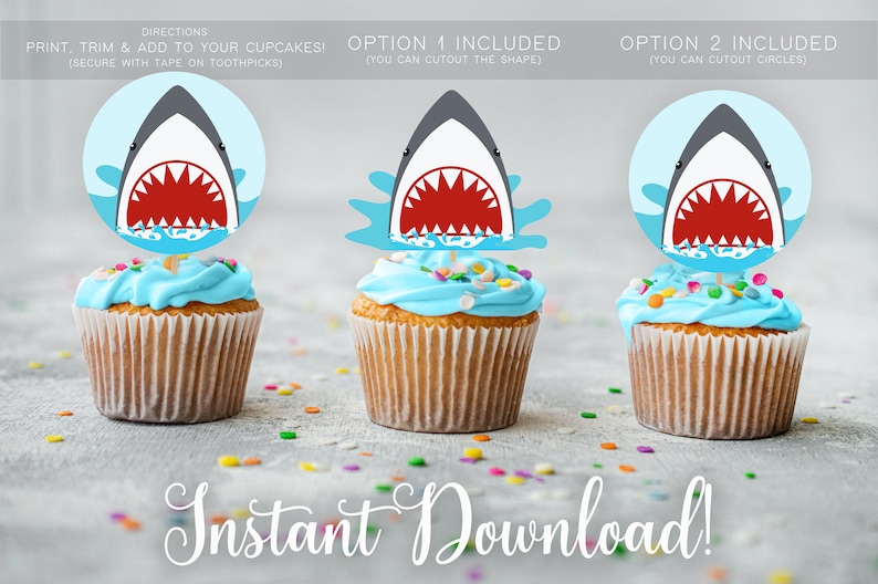 Shark Party Cupcake Toppers printable Shark Jaws Birthday Etsy