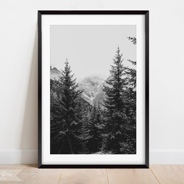 Pine Trees Mountain Wall Art Print | Home Decor | Nature Print | Modern Black and White Photography | Instant Download | Digital | PRINTABLE