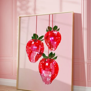 Pink Disco Strawberries Art Print | Wall Art Poster | Glam Disco Ball Red Strawberries | Preppy | Trendy | Kitchen Decor | Digital PRINTABLE