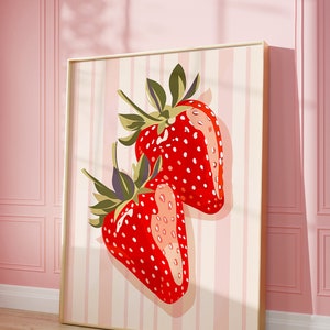 Cute Strawberries Art Print | Wall Art Poster | Red Strawberries | Preppy | Trendy | Dorm Room | Fresh Fruit Art Kitchen Decor | PRINTABLE