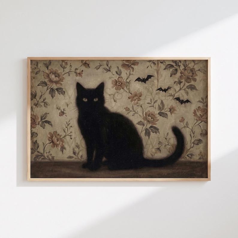 Vintage Halloween Wall Art | Black Cat Bats Floral Painting | Dark ...