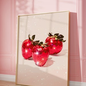 Disco Strawberries Art Print | Wall Art Poster | Glam Disco Ball Red Strawberries | Preppy | Trendy | Dorm Room | Valentine Art | PRINTABLE