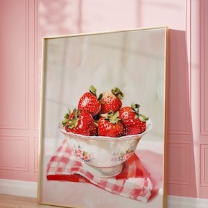 Bowl of Strawberries Art Print | Wall Art Oil Painting| Red Strawberries | Trendy | Fresh Fruit Art | Kitchen Decor | Digital | PRINTABLE
