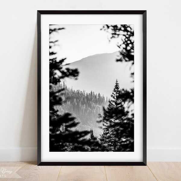 Mountains Pine Trees Wall Art Print | Nature Decor | Modern Black and White | Instant Download | Digital | PRINTABLE