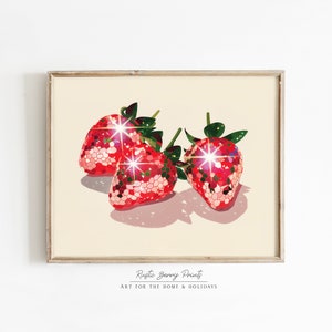 Disco Strawberries Art Print | Wall Art Poster | Glam Disco Ball Red Strawberries | Preppy | Trendy | Dorm Room | Valentine Art | PRINTABLE