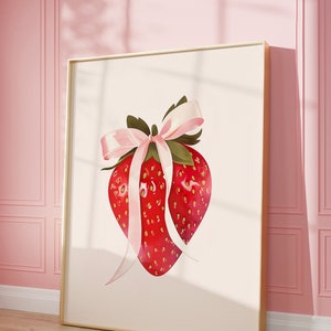 Pink Bow Strawberry Art Print | Wall Art | Vintage Poster | Coquette | Trendy | Fruit Poster | Kitchen Decor | Digital Download | PRINTABLE