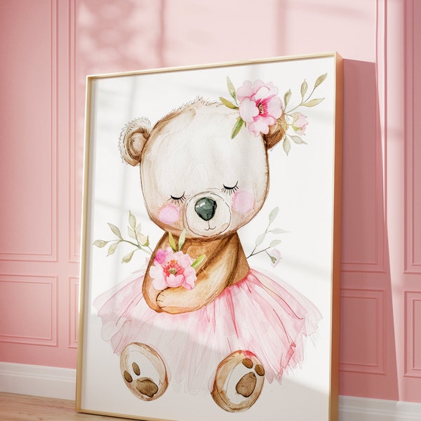Pink Bear Nursery Art Print | Watercolor Wall Art | Girly Art | Pink Tutu | Kids Room Wall Art | Digital | Instant Download | PRINTABLE