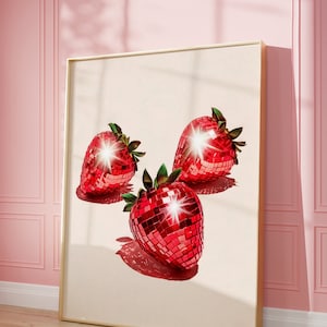 Disco Strawberries Art Print | Wall Art Poster | Glam Disco Ball Red Strawberries | Preppy | Trendy | Dorm Room | Valentine Art | PRINTABLE