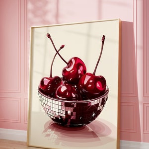 Disco Bowl of Cherries Art Print | Wall Art Poster | Glam Disco Ball Art | Preppy | Trendy | Kitchen Art | Digital Download | PRINTABLE