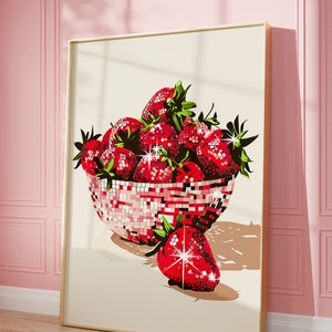 Disco Strawberries Art Print | Wall Art Poster | Glam Disco Ball Bowl of Red Strawberries | Preppy | Trendy | Dorm Room | PRINTABLE