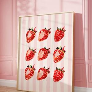 Cute Strawberries Art Print | Wall Art Poster | Red Strawberries | Preppy | Trendy | Dorm Room | Fresh Fruit Art Kitchen Decor | PRINTABLE