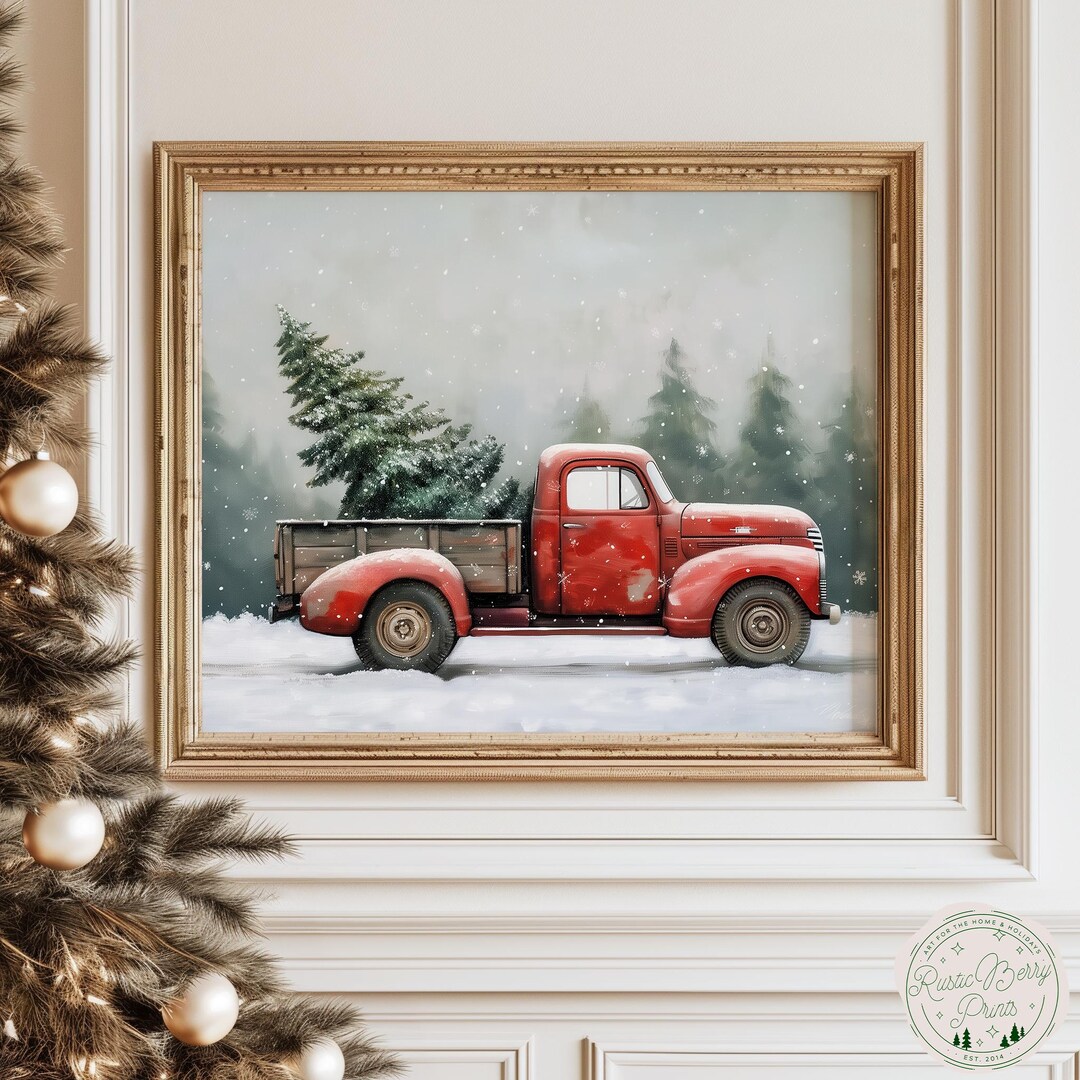 Red Christmas Truck Art Print | Wall Art | Snow Winter Holiday Poster ...