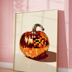 Disco Pumpkin Art Print | Wall Art Poster | Glam Disco Ball Orange Pumpkin | Trendy | Maximalist | Fall Kitchen Decor | Digital | PRINTABLE