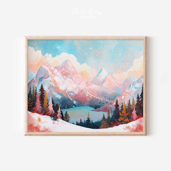 Pink Mountains Art Print | Wall Art Painting | Nature Landscape Painting | Starry Sky | Lake | Pine Trees | Instant Download | PRINTABLE