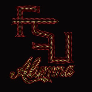 May include: A red and gold rhinestone design of the letters "FSU" with the word "Alumma" underneath.