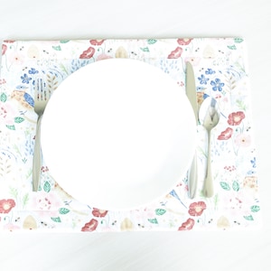 Birds & Flowers Quilted Placemat | Blue Pink Floral placemat, red poppies, fabric placemat, flower garden, washable placemat, dining decor