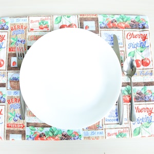 Cherries & Berries Quilted Placemat | Blueberries Placemat, washable placemats, farmhouse, table setting, kitchen, cherry farm, strawberries