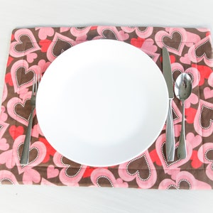 Brown Center Hearts Quilted Placemat | Valentine&#39;s Day placemat, Washable, Layered Hearts, dinner, Love, Pink Hearts, Valentine&#39;s Placemat